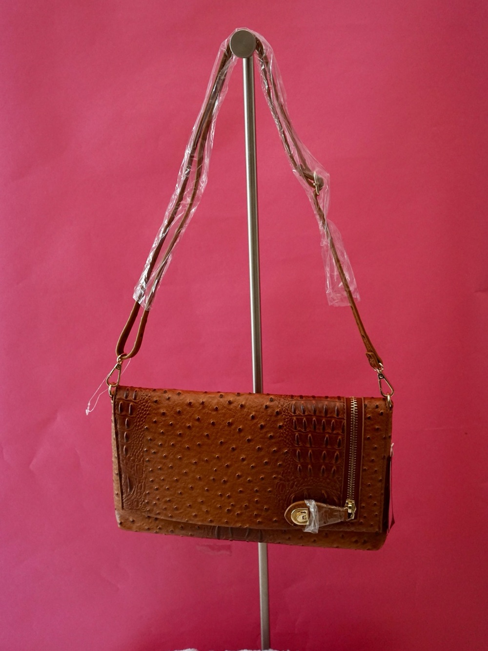 NWT Le Miel Cognac Tan Ostrich & Croc Embossed Vegan Leather Crossbody Clutch Wa